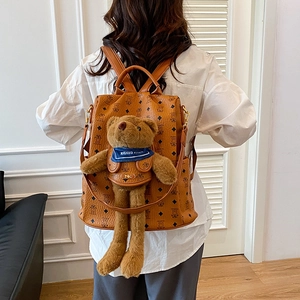 Niedlicher Teddybär Rucksack aus klassischem Monogramm Leder mit Plüschpuppe für Damen
