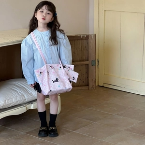 Sac cabas en toile rose à carreaux pour enfants avec motifs chiots et petite pochette