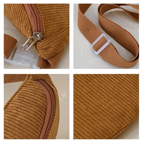 Détails du sac banane en velours côtelé marron montrant le zip en métal et la sangle réglable