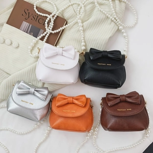 Girls Mini Shoulder Bag PU Leather Bow Decor Faux Artificial Pearl Strap Sweet Crossbody Handbag For Toddlers Kids
