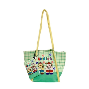 Sac cabas en toile pour enfant avec mini porte-monnaie, motif à carreaux et ours