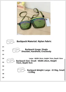 Detail view of army green nylon crossbody bags in two sizes with colorful zippers