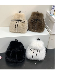 Detailed comparison of four fuzzy plush backpacks in beige, brown, black, and white colors