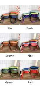 Color-block nylon crossbody bags for kids shown in six vibrant colorways and two sizes