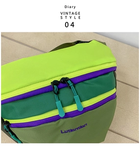 Detail of outdoor kids crossbody bag with purple zipper and colorful nylon fabric