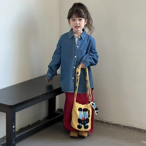 Kids cute cartoon black cat print yellow bucket bag with denim shirt and polka dot pants