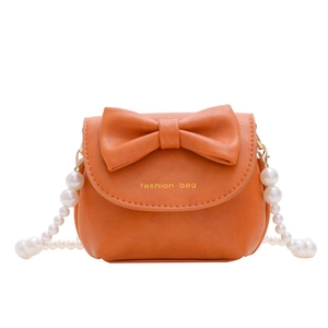 Sweet orange mini girl handbag with oversized leather bow and elegant pearl strap