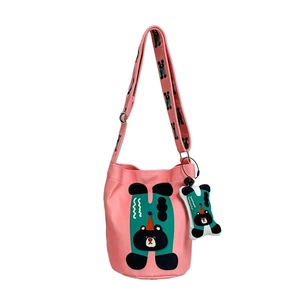 Pink cartoon canvas bucket bag for kids with adjustable bear print shoulder strap
