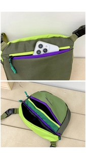 Detail of color-block nylon crossbody bag showing multiple zippered compartments and internal storage