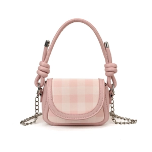 Charming pink plaid mini crossbody bag for girls with leather handle and chain strap