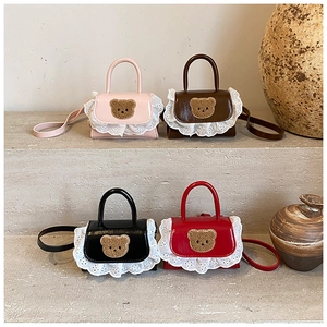 Kids mini crossbody bags with lace trim and plush bear in pink brown black and red
