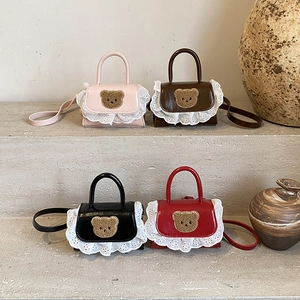 Mini Shoulder Bag PU Leather Plush Bear Patch Lace Trim Cute Sweet Crossbody Handbag For Toddler Girls Fashion Accessory