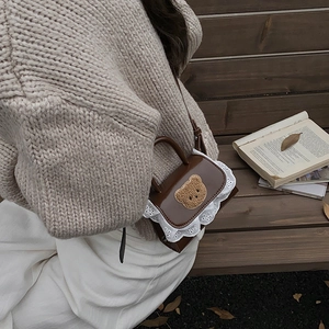 Mini sac à bandoulière ours marron avec dentelle pour enfants style rétro automnal