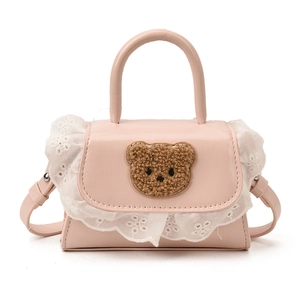 Sac à bandoulière rose pour enfants avec ours en peluche, bordure en dentelle et poignée