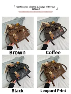 Retro leopard print and leather kids backpacks with plush bread charms in four colors