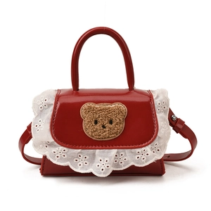 Cute red PU leather mini shoulder bag with plush bear patch and white lace trim