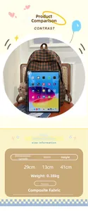Size guide for kids plaid backpack with iPad size comparison and material detail