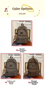 Detail of plaid backpacks in three colors with plush bear charm on a wooden chair