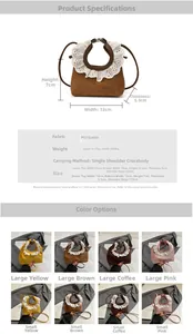 Detailed size chart and color options for kids lace trim velvet mini handbag