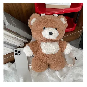 Detail showing plush teddy bear backpack next to a smartphone for size comparison