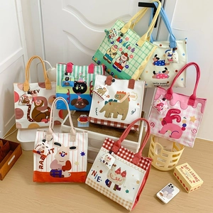 Cute Cartoon Animal Kids Canvas Tote Bag Children Shoulder Handbag And Matching Mini Pouch For Boys Girls Students