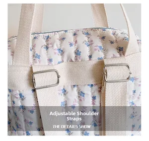 Detail of adjustable woven shoulder strap on quilted floral backpack for children