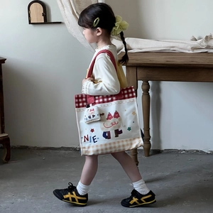 Cute cartoon canvas tote bag for kids with red checkered trim and mini matching pouch