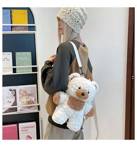 Detail of cute white fuzzy teddy bear backpack with adjustable straps for kids