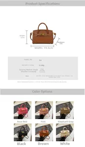 Detailed size specifications and color options for the mini PU leather children's handbag