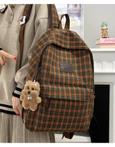 Detail showing vintage plaid backpack with leather tag and brown plush bear charm