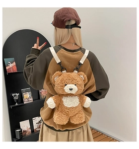 Detail of cute brown plush bear backpack for kids with adjustable shoulder straps