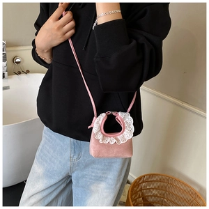 Mini sac à main en daim rose pour fille avec dentelle blanche et bandoulière fine