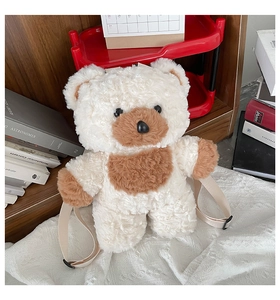 Detailed close-up of fluffy plush bear backpack featuring soft texture and adjustable straps