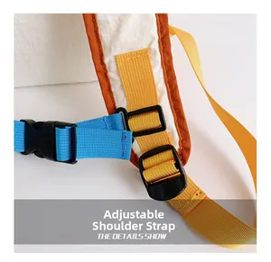 Detail of adjustable color-block woven shoulder straps and plastic buckles on children backpack