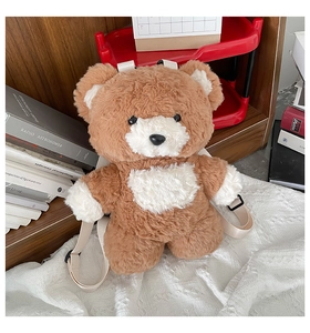 Close-up of fluffy teddy bear plush backpack showing adjustable straps and soft curly fur
