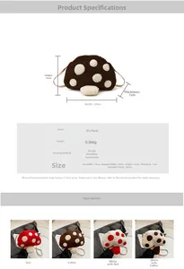 Spécifications détaillées de taille pour le sac bandoulière en peluche champignon et sangle