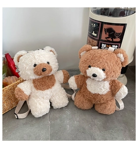 Detail of plush bear-shaped backpacks in beige and brown with adjustable nylon straps