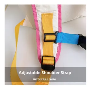 Detail of adjustable colorful nylon shoulder strap with plastic buckle for kids backpack
