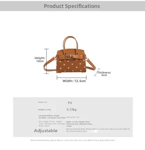 Detailed sizing chart and material specs for the mini polka dot PU leather handbag