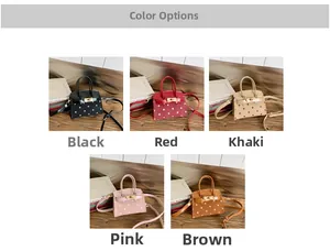 Detailed color selection of mini polka dot handbags in black, red, pink, khaki and brown