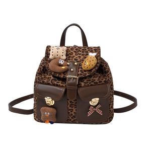 Cute leopard print kids backpack with plush patches and golden buckle accents