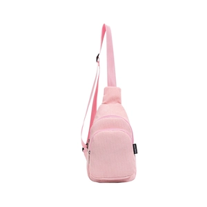 Rosa Cord-Brusttasche für Kinder mit verstellbarem Gurt und doppeltem Reißverschluss vorne
