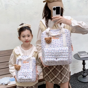 Quilted floral children's backpack set with embroidery and cute plush bear charms
