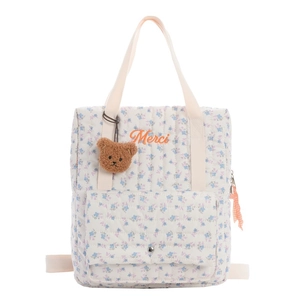 Floral quilted kids backpack with bear charm and embroidered Merci text on front