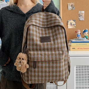 Kids plaid backpack with plush dog charm for school and travel in vintage check pattern