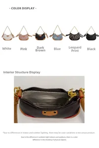Vue intérieure du mini sac demi-lune avec fermeture éclair et bandoulière en chaîne dorée
