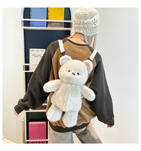 Detail of cute white plush bear backpack for kids with soft furry texture and adjustable straps