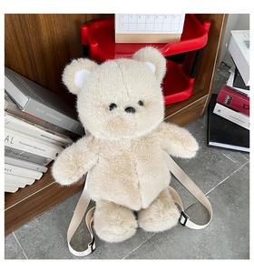 Close-up of cute plush bear backpack featuring soft fur texture and adjustable straps
