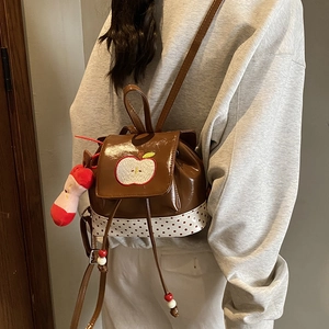 Cute apple embroidery brown mini backpack for children with red polka dot canvas details