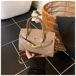 Detail view of khaki litchi leather mini handbag with gold twist lock and shoulder strap